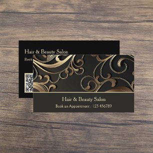 Elegante tarjeta de visita en negro y oro con códi