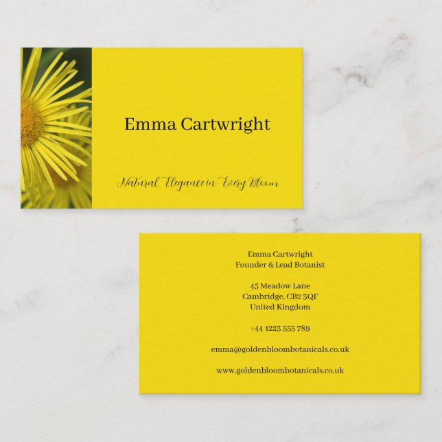 Elegante tarjeta de visita floral amarilla (Anverso / Reverso)