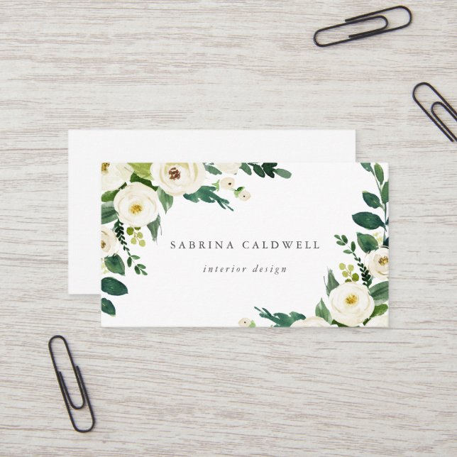 Elegante tarjeta de visita floral blanca (Anverso/Reverso In Situ)