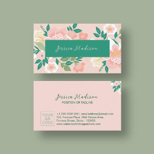Elegante tarjeta de visita floral con código QR