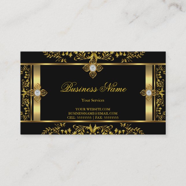 Elegante tarjeta de visita floral dorada negra (Anverso)