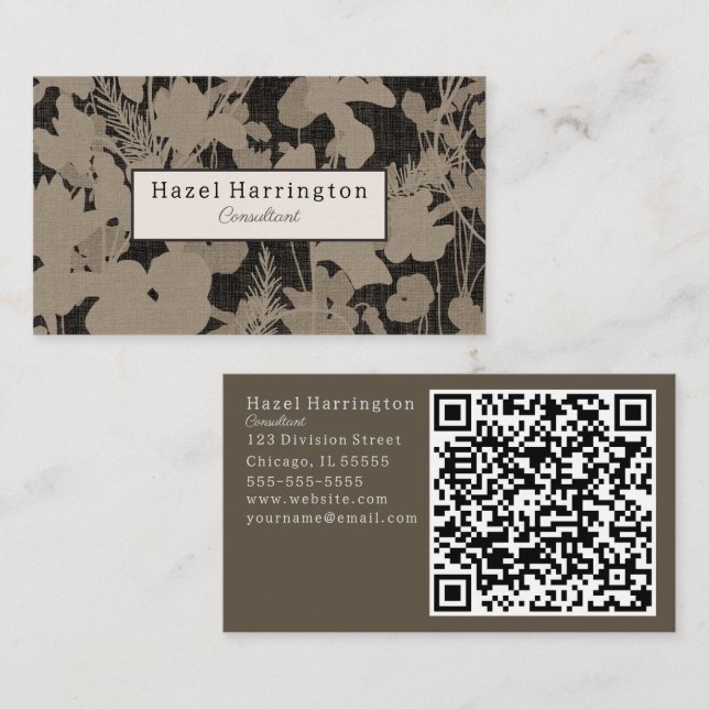 Elegante tarjeta de visita floral QR Beige negro (Anverso / Reverso)