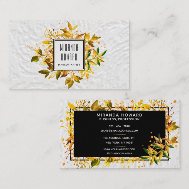 Elegante tarjeta de visita Floral Rama de Hoja Dor (Anverso / Reverso)