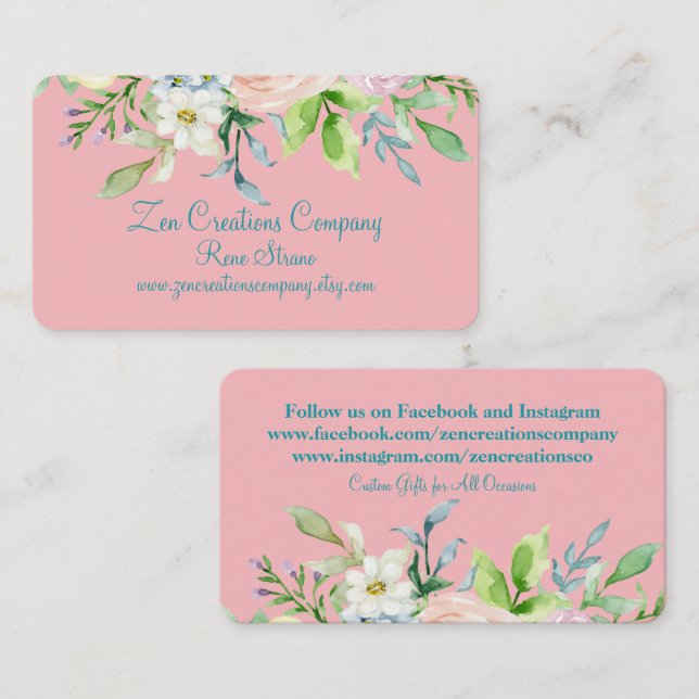Elegante tarjeta de visita floral rosa y Verde azu (Anverso / Reverso)