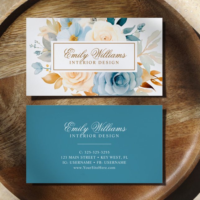 Elegante tarjeta de visita Flores de rosa azul y b (Subido por el creador)