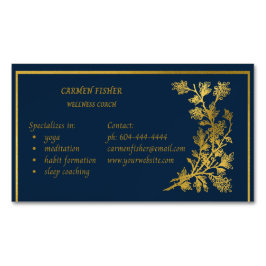 Elegante tarjeta de visita magnética azul y dorada