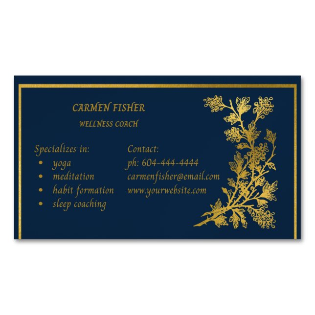 Elegante tarjeta de visita magnética azul y dorada (Anverso)