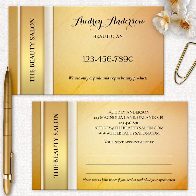 Elegante tarjeta de visita para citas de belleza d (Professional glam appointment business card in gold and ivory with peach)
