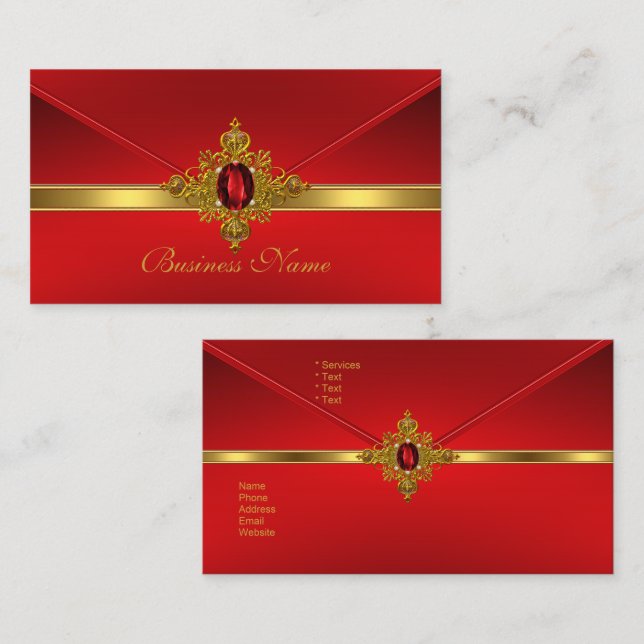 Elegante tarjeta de visita Red Gold Trim Red Jewel (Anverso / Reverso)