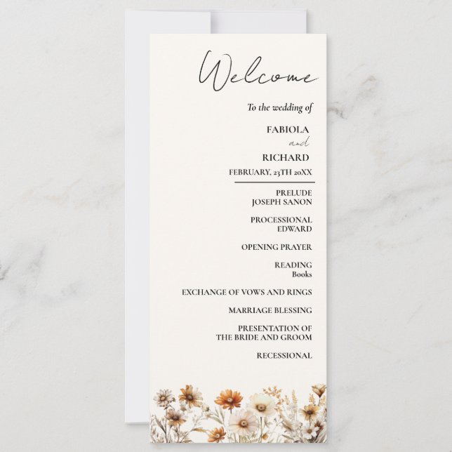 Elegante tarjeta del programa Boho Green Wildflowe (Anverso)