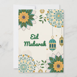 Elegante tarjeta Eid Mubarak con farolillos y flor