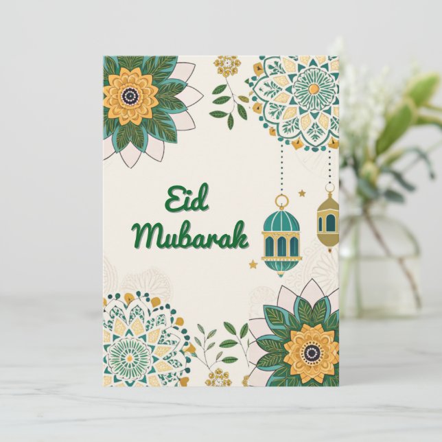 Elegante tarjeta Eid Mubarak con farolillos y flor (Anverso de pie)