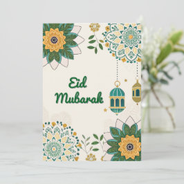 Elegante tarjeta Eid Mubarak con farolillos y flor