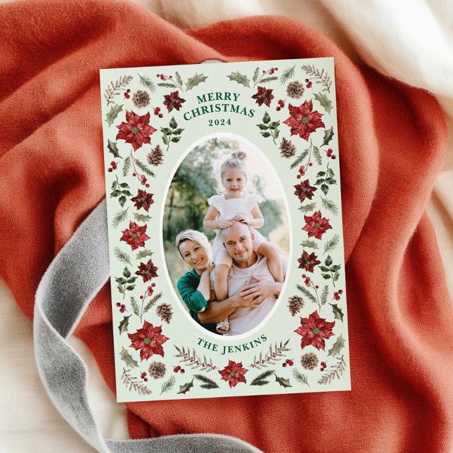 Elegante tarjeta fotográfica de Navidad de Poinset (Elegant Winter Foliage Merry Christmas Photo Card)