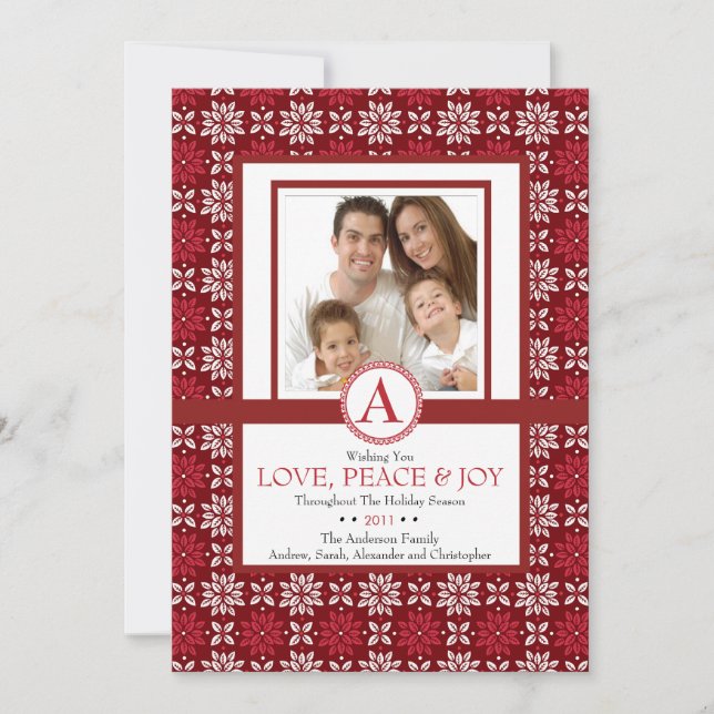 Elegante tarjeta fotográfica floral de Navidad roj (Anverso)