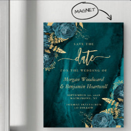 Elegante tarjeta magnética de boda floral dorada y