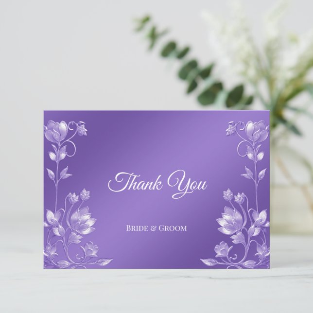 Elegante tarjeta morada floral de agradecimiento (Anverso de pie)