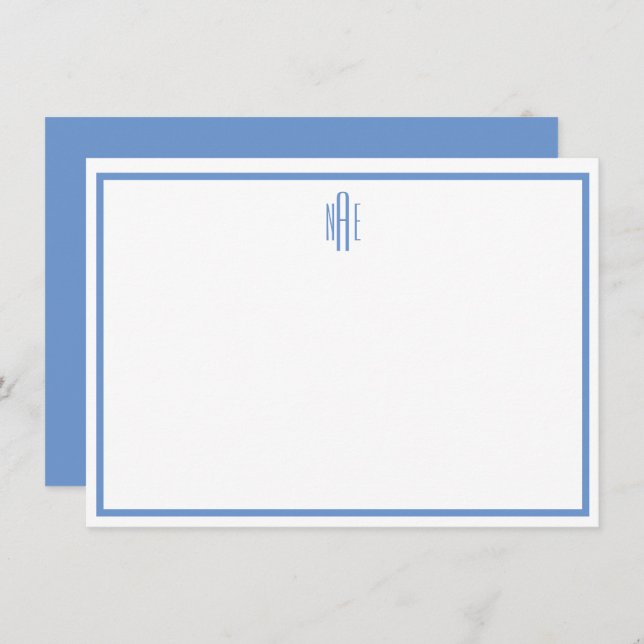 Elegante tarjeta plana monogramada azul y blanco (Anverso / Reverso)