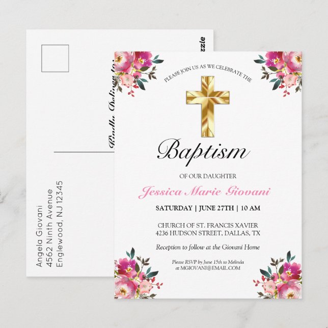Elegante tarjeta postal de invitación a bautismo f (Anverso / Reverso)