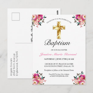 Elegante tarjeta postal de invitación a bautismo f