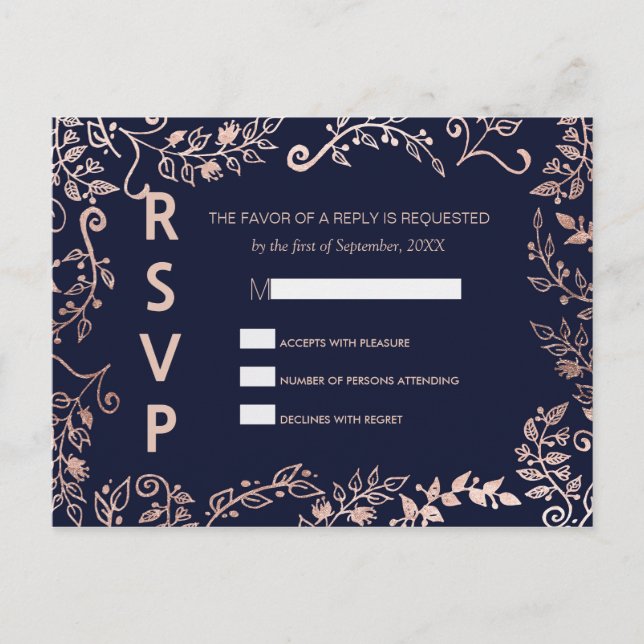 Elegante tarjeta postal RSVP con floral de Rosa az (Anverso)