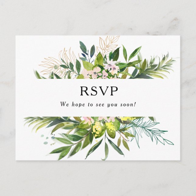 Elegante tarjeta postal RSVP de Boda de Vegetación (Anverso)