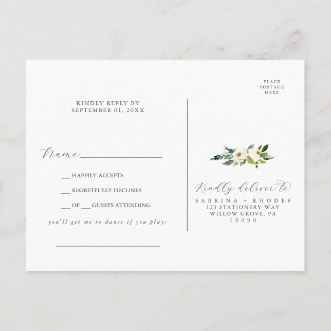 Elegante tarjeta postal RSVP de Canción Floral Bla (Reverso)