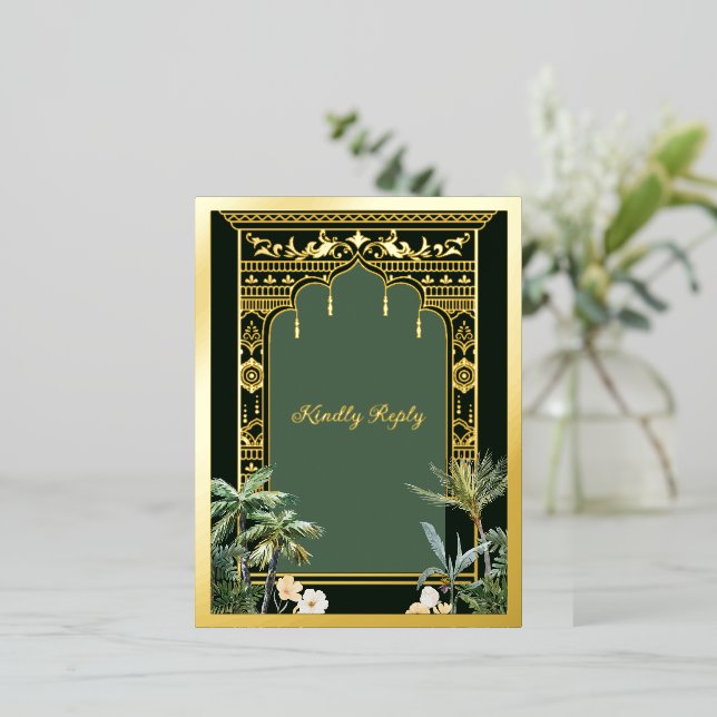 Elegante tarjeta postal RSVP de la boda india verd (Anverso de pie)