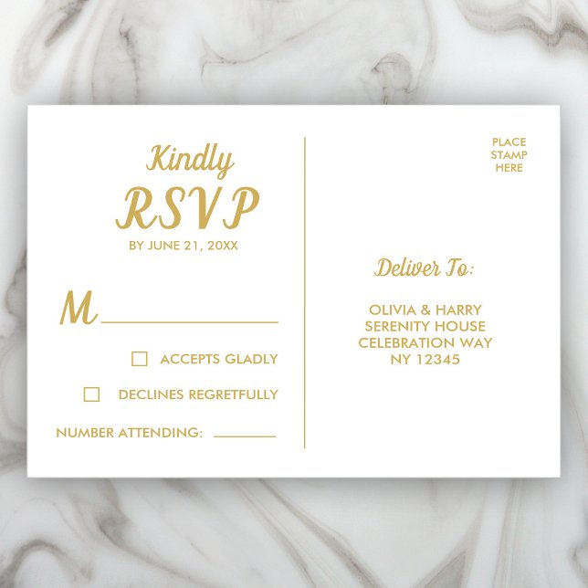 Elegante tarjeta postal RSVP de Oro Blanco (Subido por el creador)