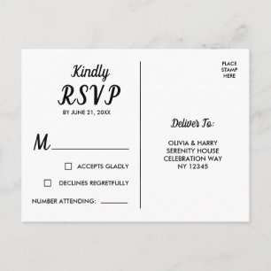 Elegante tarjeta postal RSVP en blanco negro