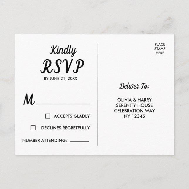 Elegante tarjeta postal RSVP en blanco negro (Reverso)