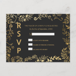 Elegante tarjeta postal RSVP floral de oro negro y
