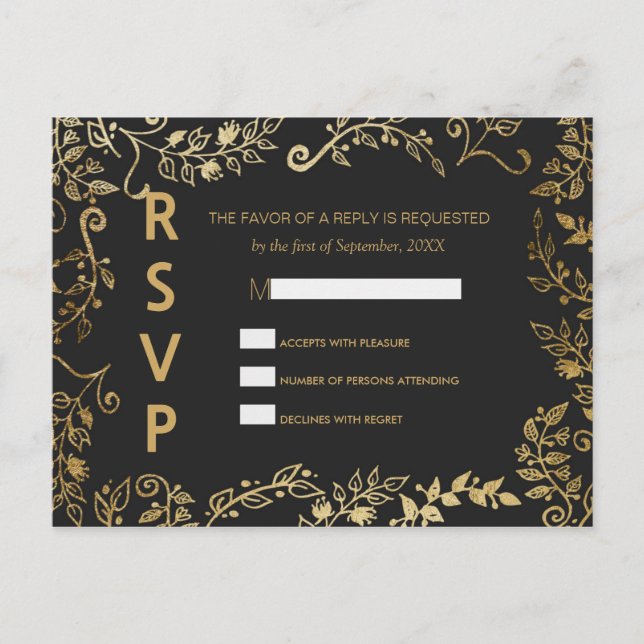 Elegante tarjeta postal RSVP floral de oro negro y (Anverso)