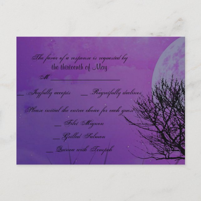 Elegante tarjeta postal RSVP gótica púrpura (Anverso)