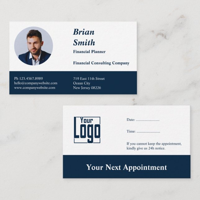 Elegante tarjeta profesional de cita blanca y azul (Anverso / Reverso)