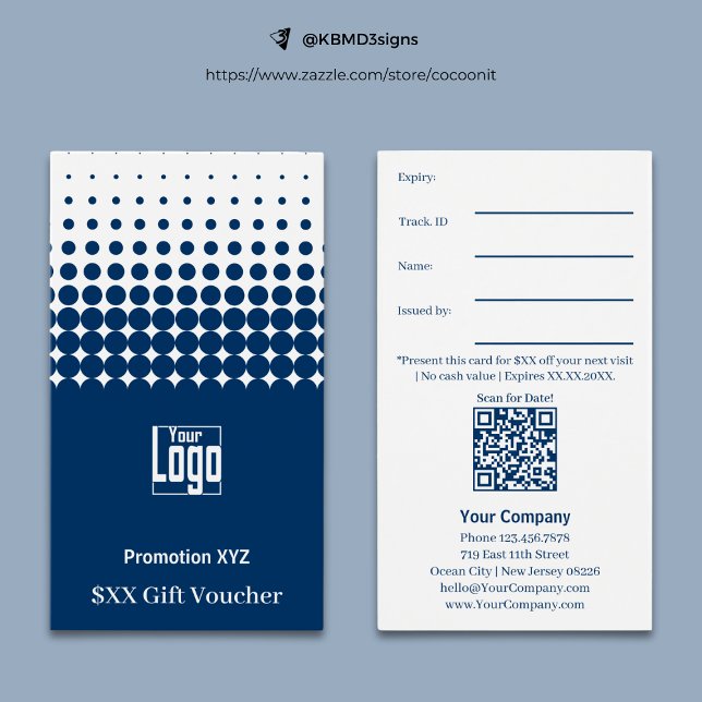 Elegante tarjeta promocional de regalo azul blanco (Elegant Blue White Promotional Gift Voucher Card, Logo, Track.ID., QR code, Terms)