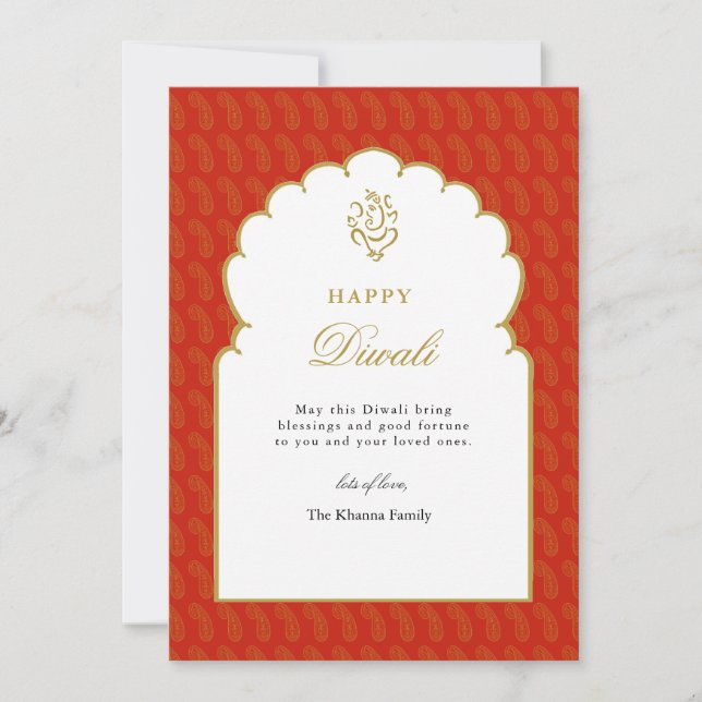 Elegante tarjeta Red & Gold Ganesh Diwali (Anverso)