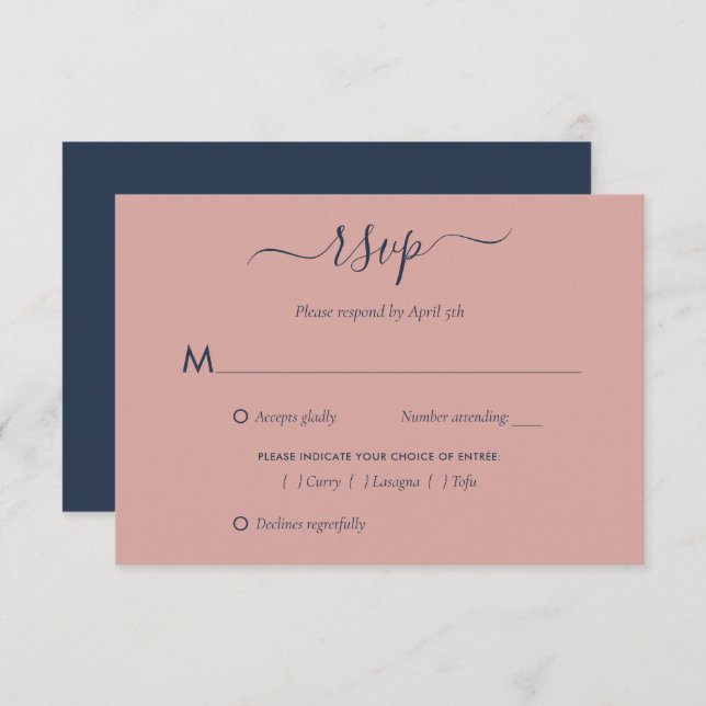 Elegante tarjeta RSVP azul de la marina y Rubor We (Anverso / Reverso)