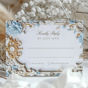Elegante tarjeta RSVP Azul Dusty con oro barroco