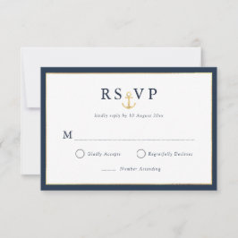 Elegante tarjeta RSVP azul marino de oro náutico