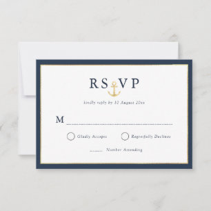 Elegante tarjeta RSVP azul marino de oro náutico
