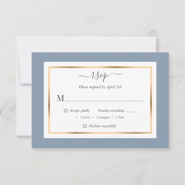 Elegante tarjeta RSVP azul turbio y de bodas de or (Anverso)
