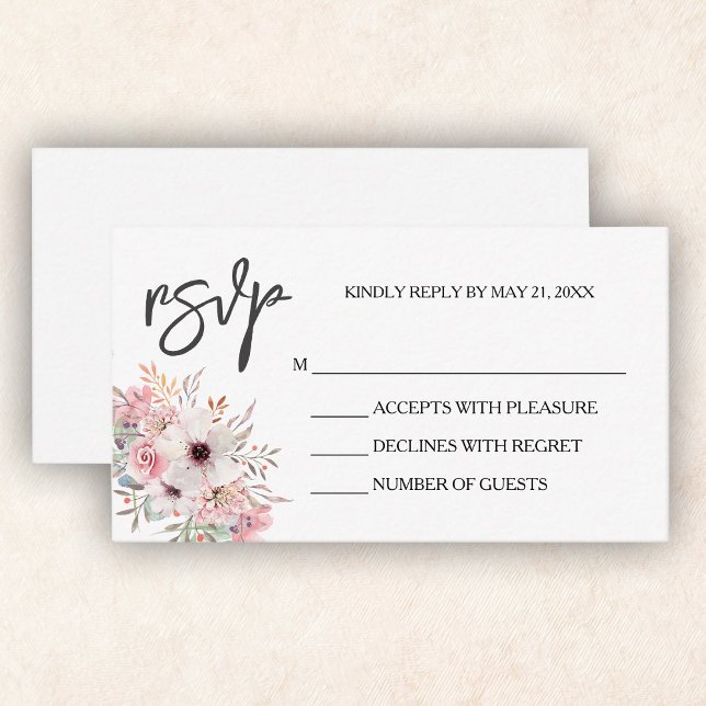 Elegante tarjeta RSVP blanca floral rosa (Subido por el creador)