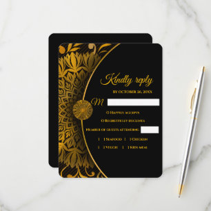 Elegante tarjeta RSVP clásica de color negro y oro