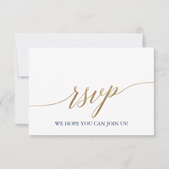 Elegante Tarjeta RSVP con menú Gold & Navy Blue (Anverso)