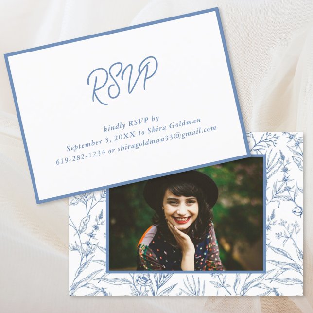 Elegante Tarjeta RSVP de Barco Floral Azul Francés (Elegant Blue French Floral Bat Mitzvah RSVP Card
)