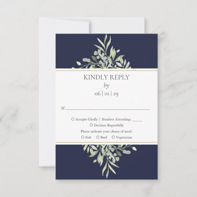 Elegante tarjeta RSVP de boda azul de la Marina (Anverso)