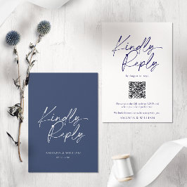 Elegante tarjeta RSVP de boda azul de la marina co