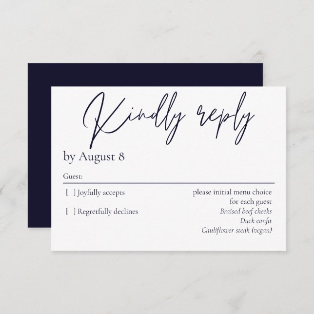 Elegante tarjeta RSVP de boda azul marino oscuro (Anverso / Reverso)
