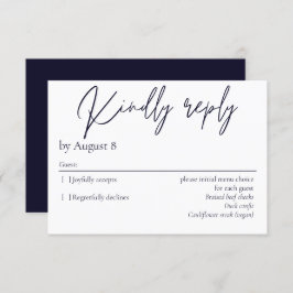 Elegante tarjeta RSVP de boda azul marino oscuro